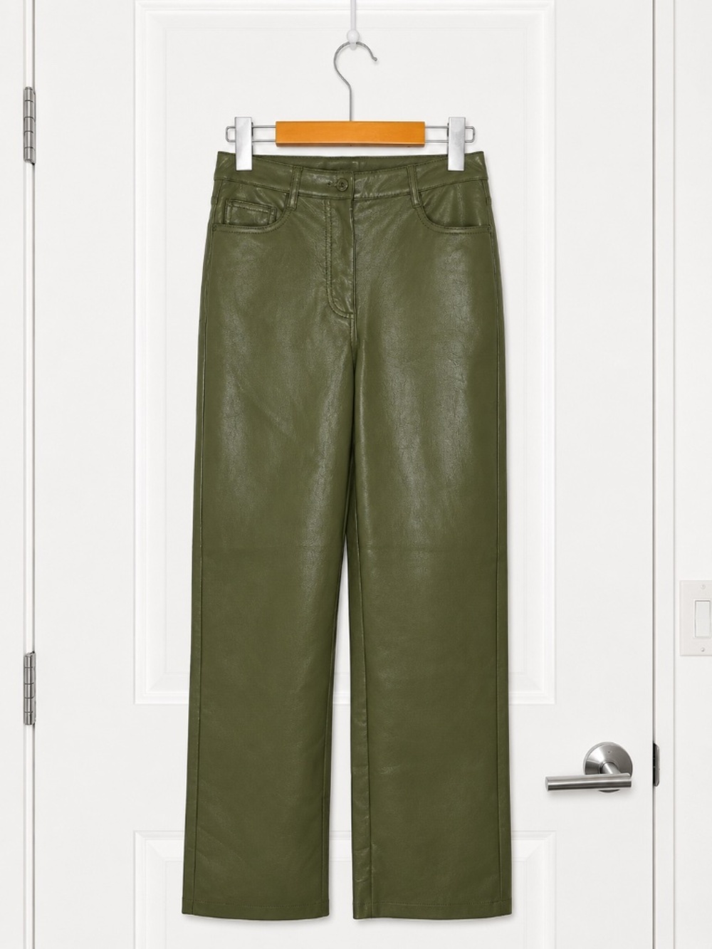 Olive Green Faux Leather Straight Leg Pants